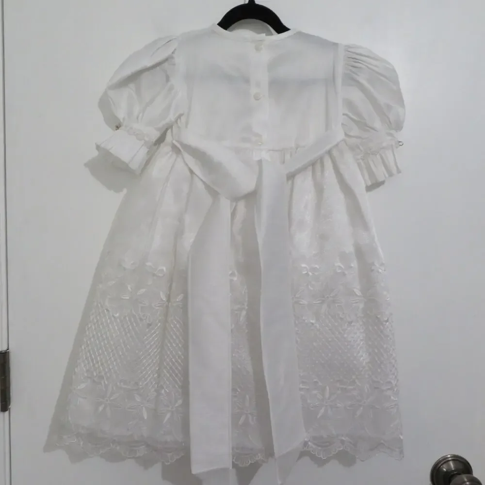 Kids Sz 3 White Baptism Christening Dress Embroidered Bows Flowers Puffy Sleeves